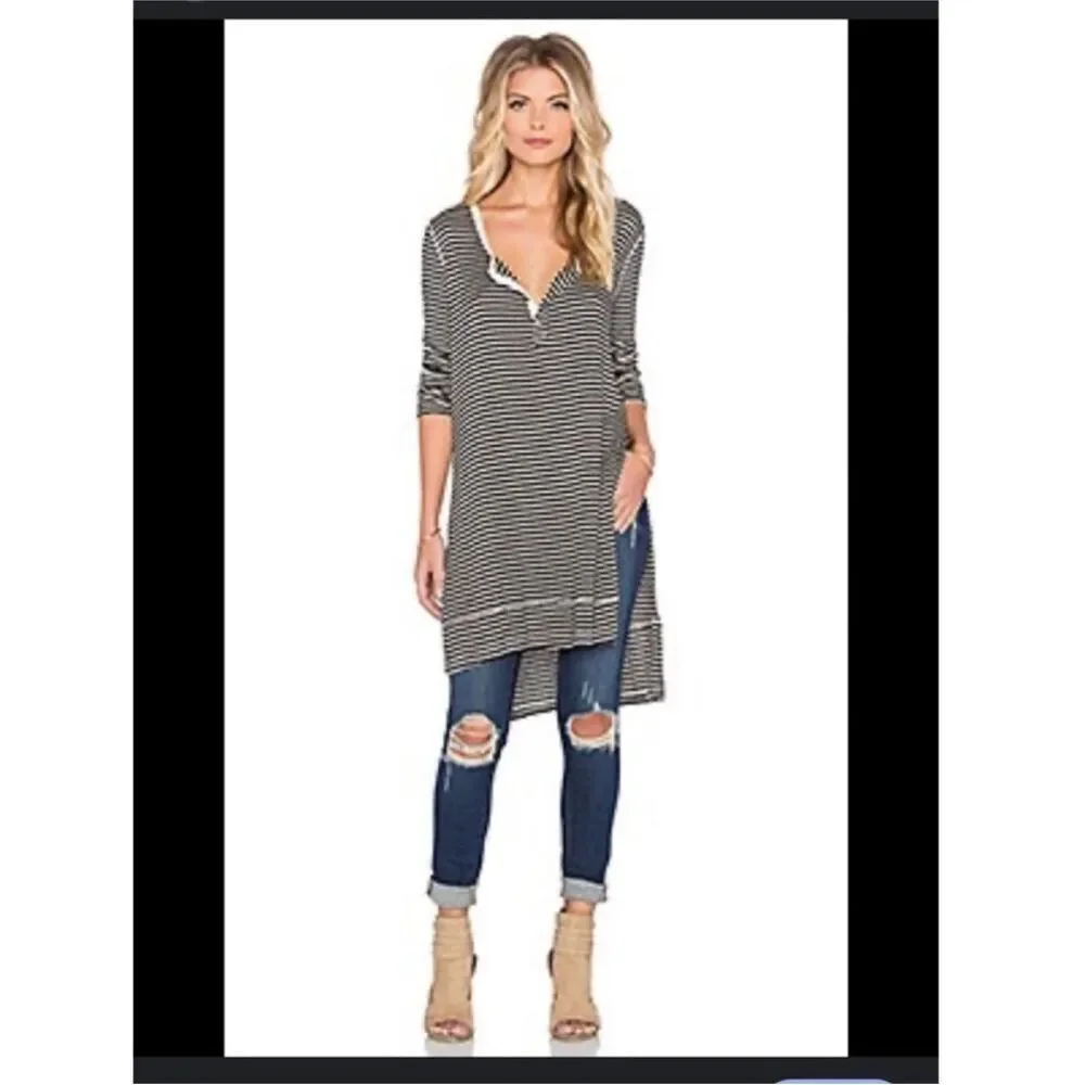 Free people Gwen Drippy Rib Henley tan black stripe long duster Boho Top XS